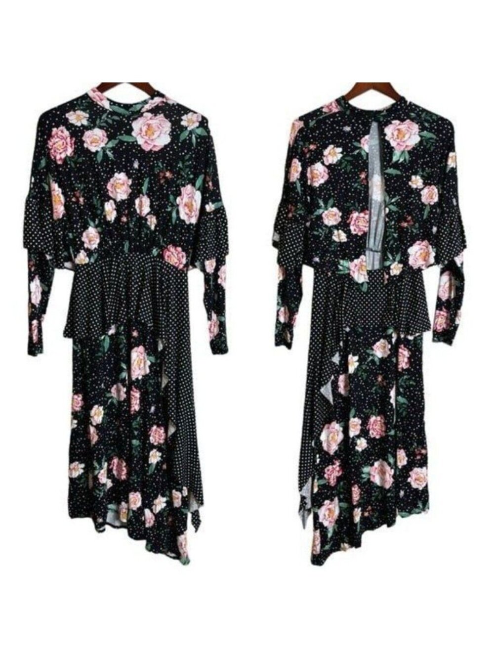 NEW ASOS Black Mixed Print Deconstructed Midi Tea Dress with Open Back Size 10